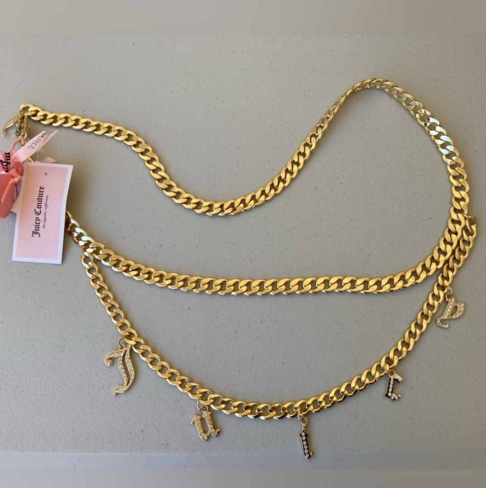 Juicy Couture Gold Tone Chain Belt  with Juicy Letter Charms - Various Sizes - Picture 2 of 8